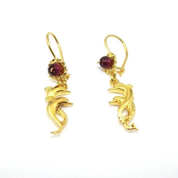 18K Yellow Gold Garnet Dolphin Dangle Earrings